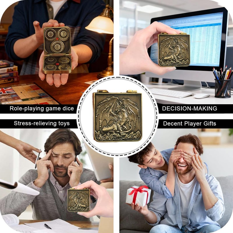 Luazuri Store مجموعة نرد جيب 7 في 1 مع دوار، نرد قابل للطي مع صندوق حديدي مزخرف بتصميم تنين، مجموعة نرد مدمجة لعشاق ألعاب تقمص الأدوار DND (ذهبي) - Image 4